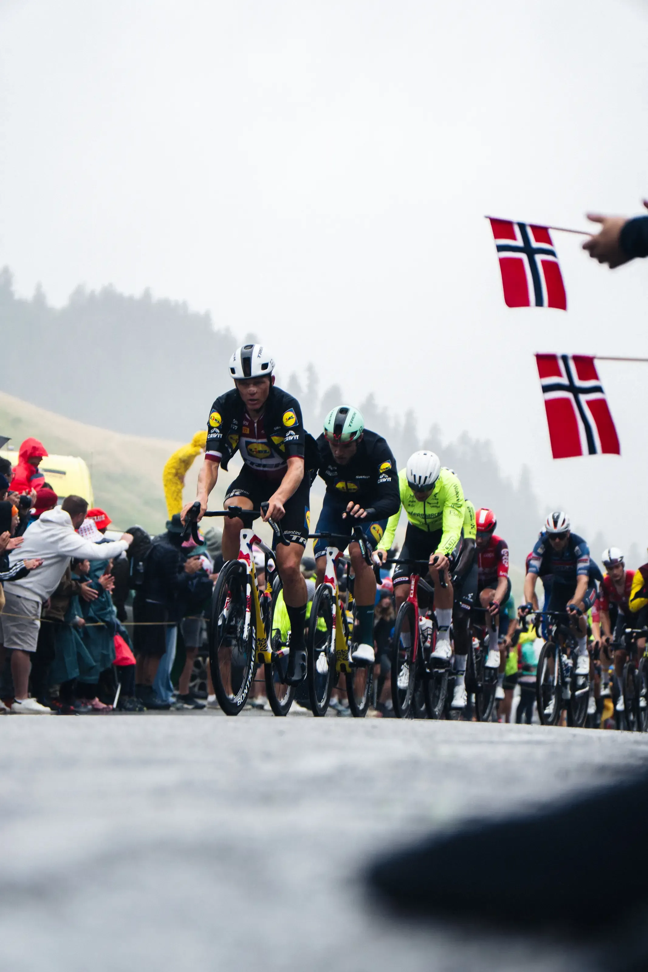 Une photographie prise à ras du sol montre un groupe serré de cyclistes professionnels en pleine course, en train de gravir une route de montagne mouillée sous une pluie brumeuse. Le coureur de tête porte le maillot rouge et noir de l'équipe Lidl-Trek. Sur la droite, deux drapeaux norvégiens sont brandis.